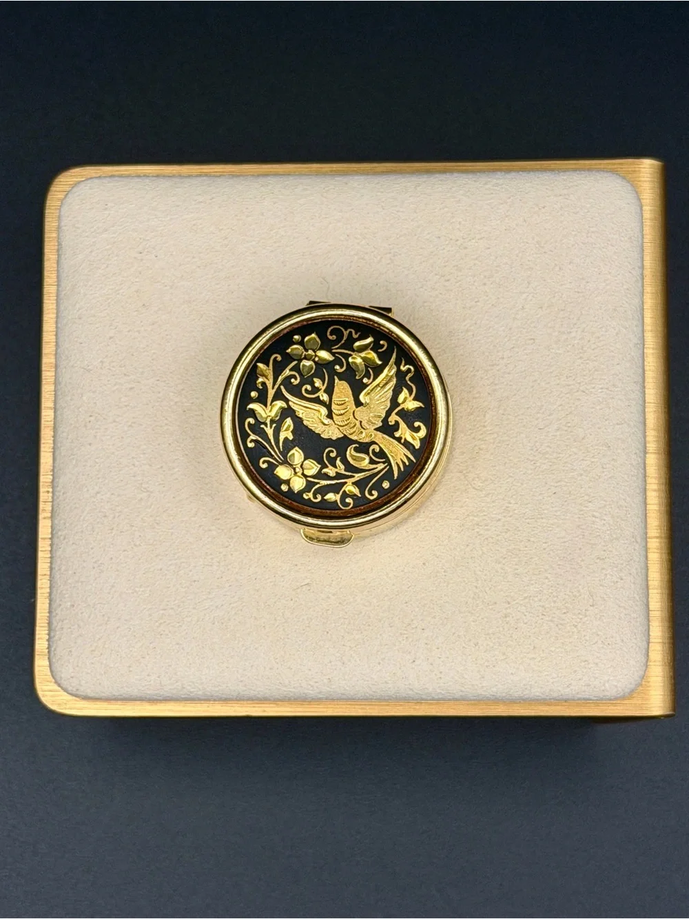 Vintage Spanish Damascene 24K Gold Foil Bird & Floral Pill Trinket Box